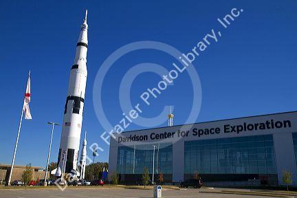 Saturn V mock-up stands outside the Davidson Center for Space Exploration building at the U.S. Space and Rocket Center located in Huntsville, Alabama, USA.