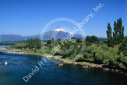 Villarica Lake with Villarica volcano in background, Chile.