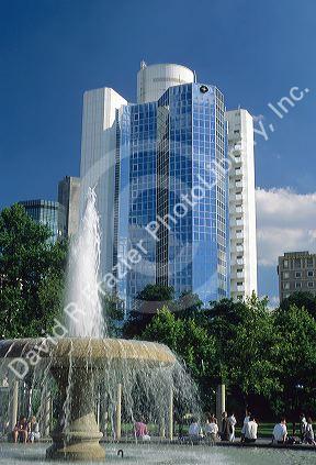 A fountain in front of the Citibank building in Frankfurt, Germany.