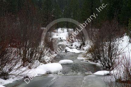 Snow and ice during winter at Mores Creek in Boise County, Idaho, USA.