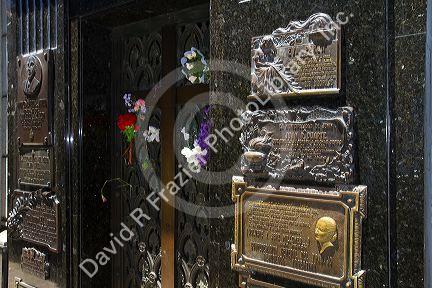 Bronze plaque marking Eva Peron mausoleum in La Recoleta Cemetery, Buenos Aires, Argentina.
