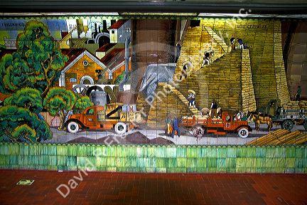 Mosaic art mural displayed in the underground metro of Buenos Aires, Argentina.