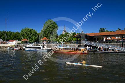 Vintage mohogany motorboat on the Parana Delta at Tigre, Argentina.