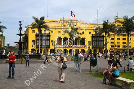 Municipal Palace at the Plaza Mayor or Plaza de Armas of Lima, Peru.