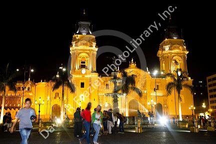 Basilica Cathedral at the Plaza Mayor or Plaza de Armas of Lima, Peru.