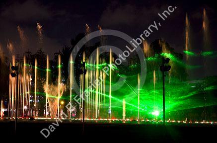 Water fountains light up at night in the Magic Circuit of Water park in Lima, Peru.