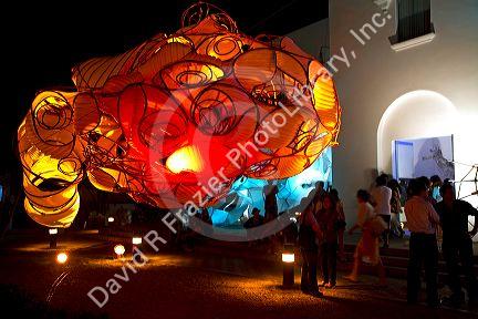 Lighted art sculptures on display at the cultural center of the Ricardo Palma University in the Miraflores district of Lima, Peru.