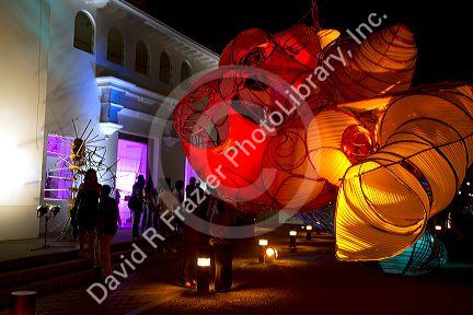 Lighted art sculptures on display at the cultural center of the Ricardo Palma University in the Miraflores district of Lima, Peru.
