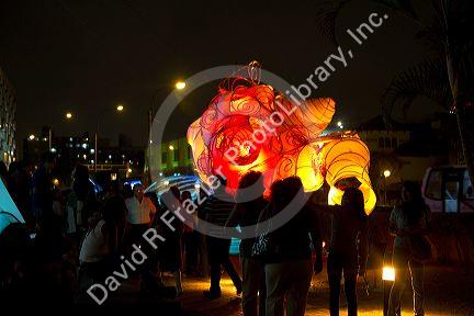 Lighted art sculptures on display at the cultural center of the Ricardo Palma University in the Miraflores district of Lima, Peru.