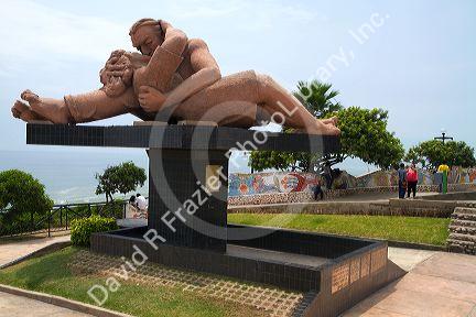 The art sculpture El Beso (the kiss) at the Love Park in the Miraflores district of Lima, Peru.