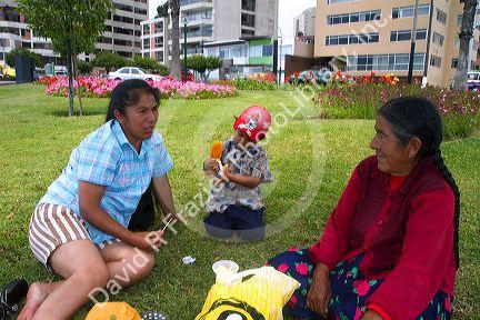 A family sits on the grass at the Love Park in the Miraflores district of Lima, Peru.
