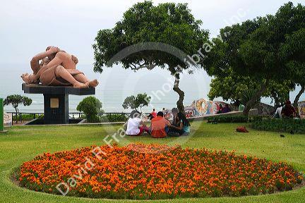 The art sculpture El Beso (the kiss) at the Love Park in the Miraflores district of Lima, Peru.