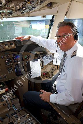 Copilot in the cockpit of a Boeing 767 aircraft.