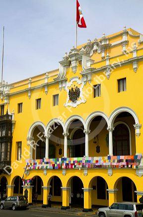 Municipal Palace at the Plaza Mayor or Plaza de Armas of Lima, Peru.