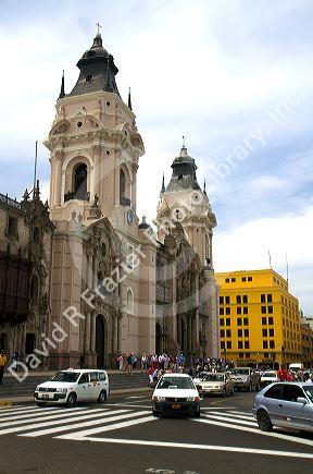 Basilica Cathedral at the Plaza Mayor or Plaza de Armas of Lima, Peru.