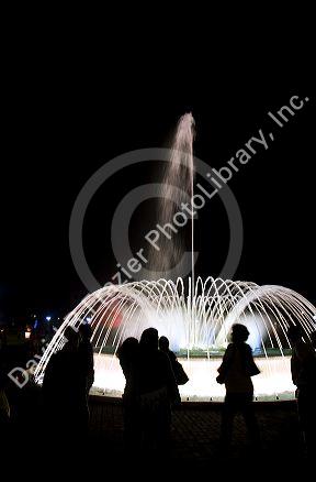 Water fountains light up at night in the Magic Circuit of Water park in Lima, Peru.