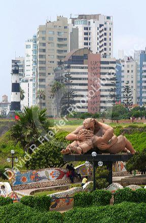 The art sculpture El Beso (the kiss) at the Love Park in the Miraflores district of Lima, Peru.