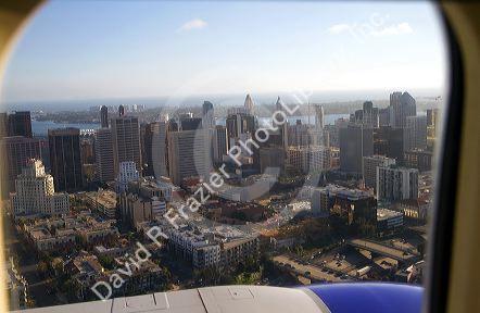 Aerial view from an airplane window of San Diego, California, USA.