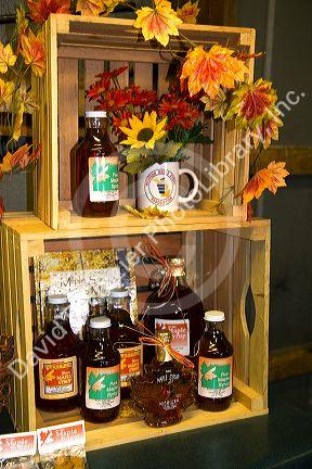 Maple syrup displays at a sugar shack in Lake Odessa, Michigan, USA.