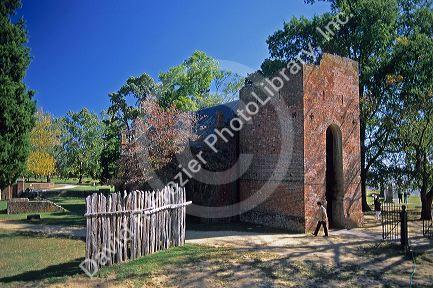 A brick church and belltower from 1640 in Jamestown, Virginia.