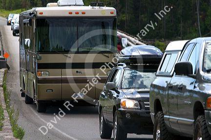 Tourism traffic at Fishing Bridge in Yellowstone National Park, Wyoming, USA.