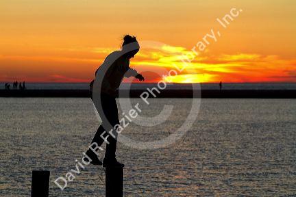 People watch the sunset on Lake Michigan at Pere Marquette Harbor located in Ludington, Michigan, USA.