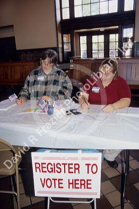 Voter resistration station at election precinct in Boise, Idaho.