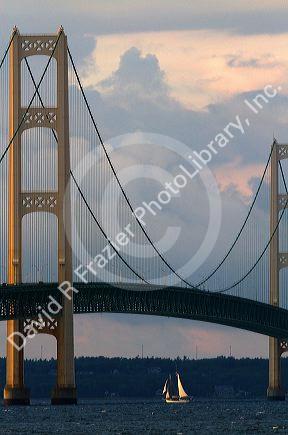 View of the Mackinac Bridge connecting the Upper and Lower peninsulas of Michigan, USA.