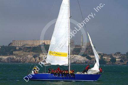 Blue Water Foundation sailboat teaching children how to sail near Alcatraz Island in the San Francisco Bay, California, USA.