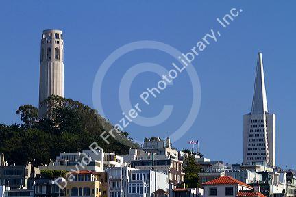 A view of Coit Tower and the Transamerica Pyramid skyscraper in San Francisco, California, USA.