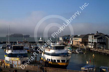 Boats docked at Pier 39 marina in San Francisco, California, USA.