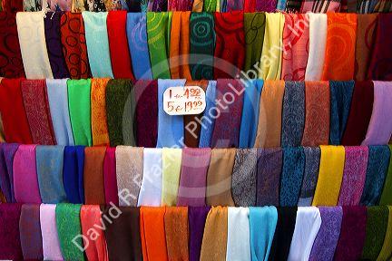 Silk scarves at a shop in Chinatown of San Francisco, California, USA.