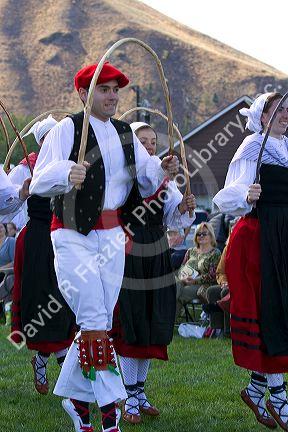 The Oinkari Basque Dancers perform at the Trailing of the Sheep Festival in Hailey, Idaho, USA.