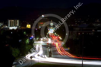 Capital Boulevard at night in Boise, Idaho, USA.