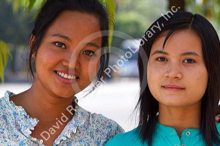 Portrait of two Burmese girls in (Rangoon) Yangon, (Burma) Myanmar.