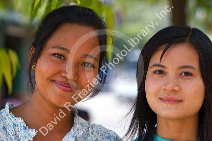 Portrait of two Burmese girls in (Rangoon) Yangon, (Burma) Myanmar.