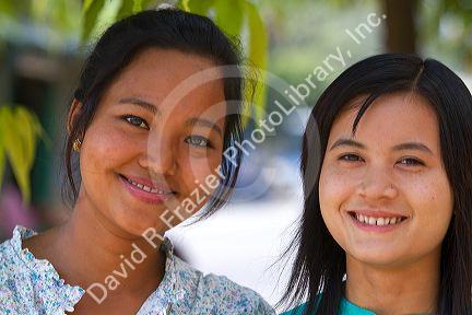 Portrait of two Burmese girls in (Rangoon) Yangon, (Burma) Myanmar.