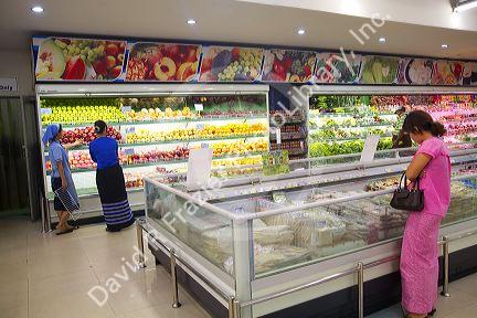 Interior of a shopping market in (Rangoon) Yangon, (Burma) Myanmar.