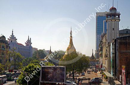 Sule Paya located in the heart of downtown (Rangoon) Yangon, (Burma) Myanmar.
