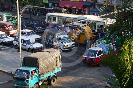 Traffic on the street in (Rangoon) Yangon, (Burma) Myanmar.