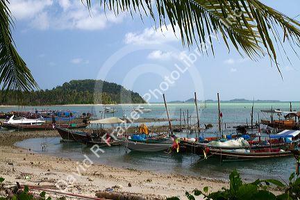 Fishing boats in the Gulf of Thailand on the island of Ko Samui, Thailand.