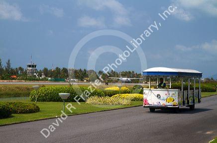 Shuttle vehicle at the Ko Samui International Airport near Chaweng on the island of Ko Samui, Thailand.