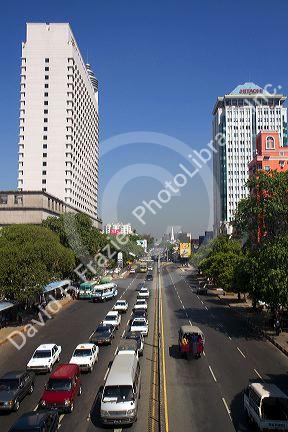 Sule Paya Road located in the heart of downtown (Rangoon) Yangon, (Burma) Myanmar.