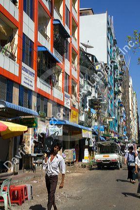 Street scene and pedestrians in central (Rangoon) Yangon, (Burma) Myanmar.