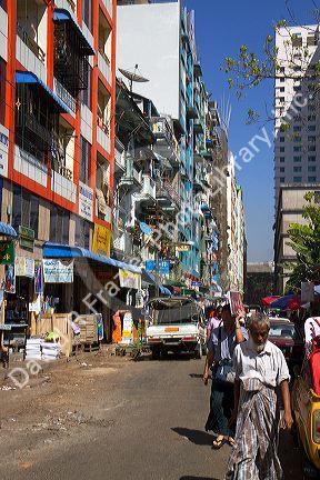 Street scene and pedestrians in central (Rangoon) Yangon, (Burma) Myanmar.