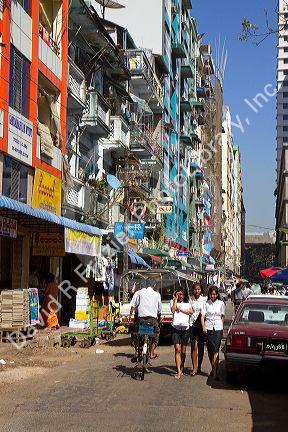Street scene and pedestrians in central (Rangoon) Yangon, (Burma) Myanmar.