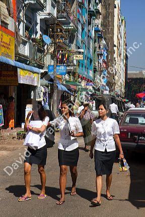 Street scene and pedestrians in central (Rangoon) Yangon, (Burma) Myanmar.