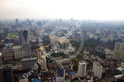 View of the Bangkok cityscape taken from the Baiyoke Tower II showing air pollution and smog, Thailand.