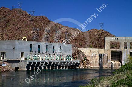 Parker Dam crossing the Colorado River creates Lake Havasu reservoir in La Paz County, Arizona and San Bernardino County, California, USA.
