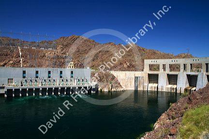 Parker Dam crossing the Colorado River creates Lake Havasu reservoir in La Paz County, Arizona and San Bernardino County, California, USA.